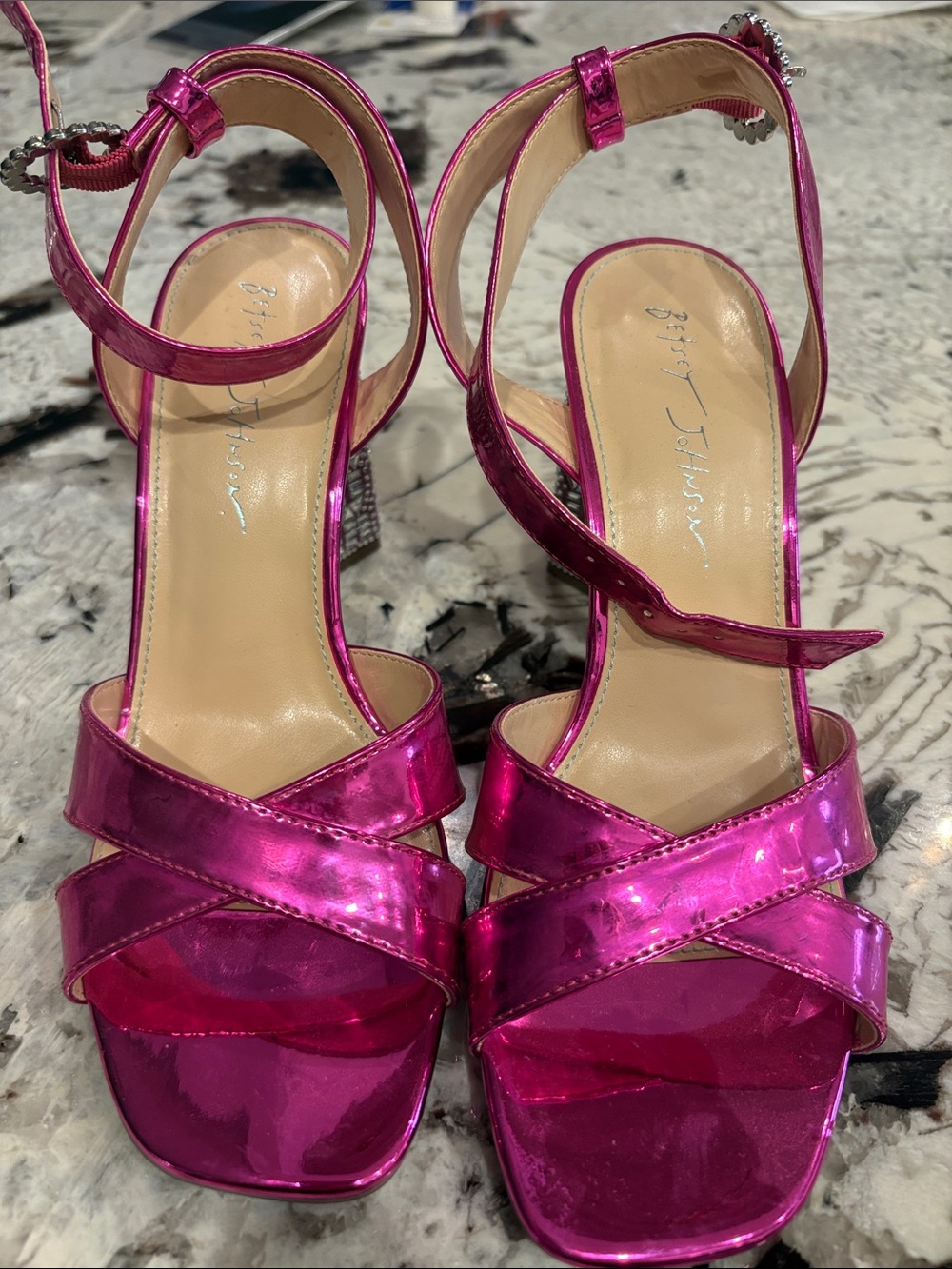 Betsey Johnson Metallic Fuchsia Strappy Block Heels